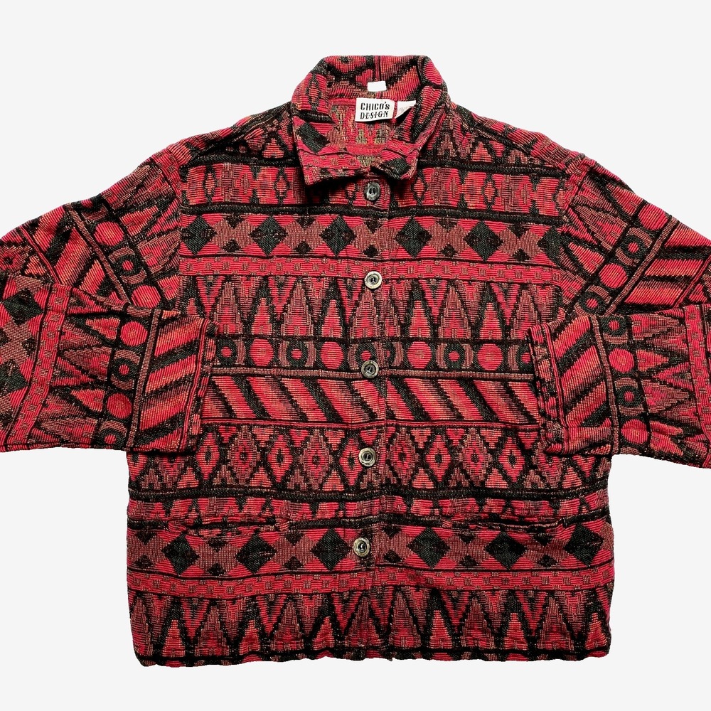 Chico's Design Jacket Womens 2 Red Southwestern Boho Button Front Vintage
